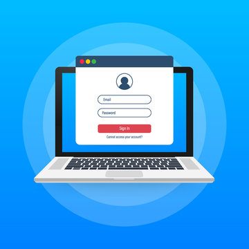Login page on laptop screen. Notebook and online login form, sign in page. User profile, access to account concepts. Vector illustration.