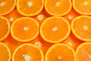 Slices of oranges as a background, top view.