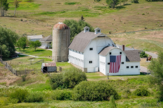 White Barn with American Flag