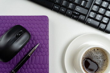 Flat lay, top view office table desk. Workspace with note book, keyboard, office supplies and...