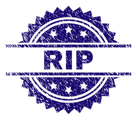 RIP stamp seal watermark with distress style. Blue vector rubber print of RIP label with dirty texture.