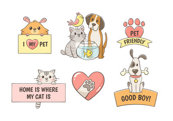 Cute pet labels with quotes isolated on white background. Pet lovers concept. Perfect for T-shirt prints, pet shops and design products for pets. Hand drawn illustration.