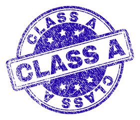 CLASS A stamp seal watermark with grunge effect. Designed with rounded rectangles and circles. Blue vector rubber print of CLASS A text with grunge texture.