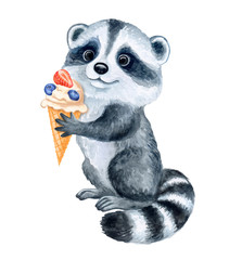 Cute Raccoon cartoon with ice cream  popsicles  isolated on white background. Watercolor. Illustration. Template. Hand drawing. Clipart. Close-up. Hand painted