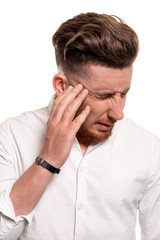 Studio photo of a good-looking man in a white shirt, isolated over a white background