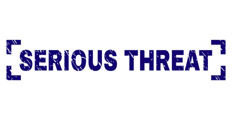 SERIOUS THREAT text seal print with grunge effect. Text label is placed inside corners. Blue vector rubber print of SERIOUS THREAT with retro texture.