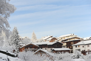 Fototapeta na wymiar Village in winter covered with snow 