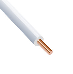 Flexible electrical copper cable isolated on white background. cable with white colored insulation. Close-up section. Power wire.