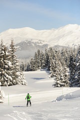 Fototapeta na wymiar Skiing man at ski resort with forest and mountain background 