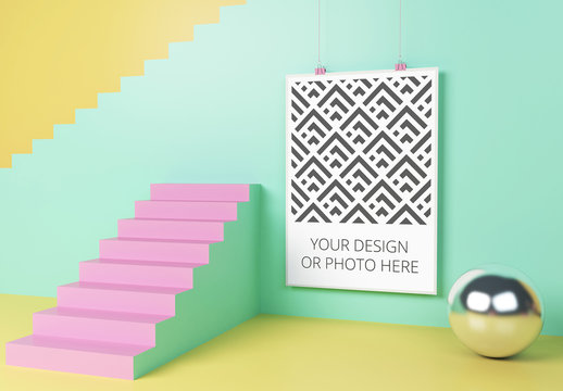 Vertical Poster in a Geometric Scene Mockup