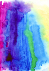 Watercolor rainbow abstract background, hand-painted texture, watercolor purple and pink stains. Design for backgrounds, wallpapers, covers and packaging