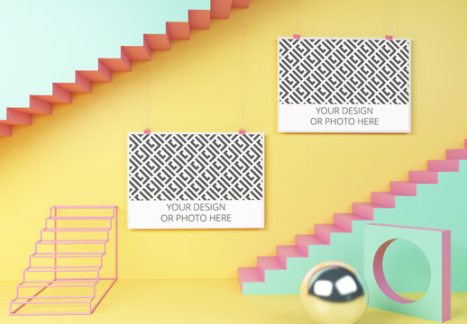 Two Horizontal Posters in a Geometric Scene Mockup