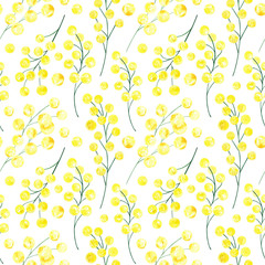 Watercolor seamless pattern in retro style with spring flowers of mimosa. Decorative floral background for Easter, wedding or fabric design in yellow, green and gold colors