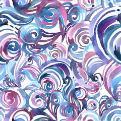 Watercolor Seamless Abstract Pattern with Waves and Curls Background