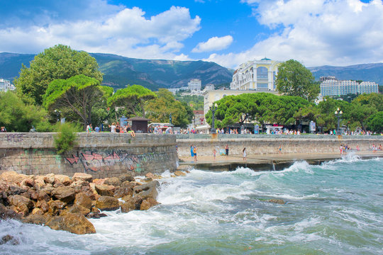 Yalta/Russia - 08/16/2018. View of the city embankment from the sea