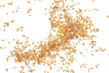 Lot of whole raw bulgur grains flatlay isolated on white background