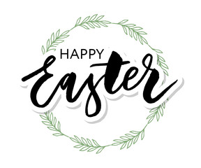 Vector EPS10 hand written lettering illustration for happy easter banner, poster, sale invitation template with colorful eggs in wreath form in cartoon flat style