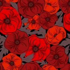 Photo sur Plexiglas Coquelicots Belles fleurs de pavot rouge avec des feuilles sur fond noir. Modèle sans couture. Tissu, conception de papier peint. texture florale transparente. Vecteur Eps10