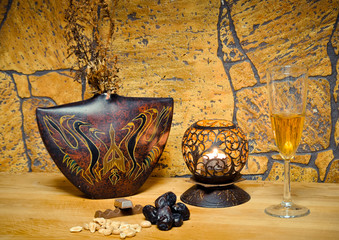 cognac whiskey in a glass Cup with lemon the concept of dinner, alcohol