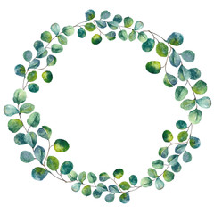 Watercolor eucalyptus wreath. Green leaves botanical floral wreath. Hand painted foliage herbal frame for wedding invitations, greeting cards, baby showers, prints, and posters