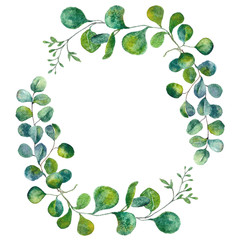 Watercolor eucalyptus wreath. Green leaves botanical floral wreath. Hand painted foliage herbal frame for wedding invitations, greeting cards, baby showers, prints, and posters