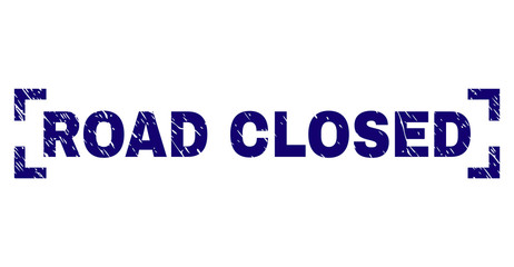 ROAD CLOSED text seal watermark with corroded effect. Text title is placed between corners. Blue vector rubber print of ROAD CLOSED with corroded texture.
