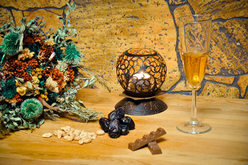 cognac whiskey in a glass Cup with lemon the concept of dinner, alcohol