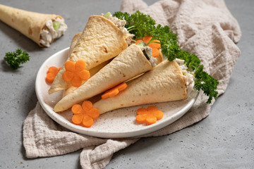 Healthy Chicken Salad in Tortilla Cones Carrots for Easter