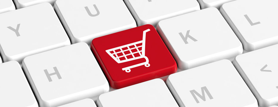 E shopping. Red key button with a shopping cart on a computer keyboard, banner. 3d illustration