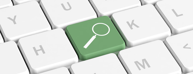Search, computer key. Green key button with a magnifying glass on a computer keyboard, banner. 3d illustration