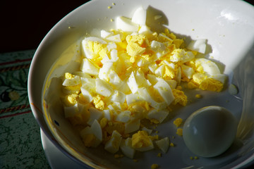 Finely cut egg, Boiled domestic eggs cut in half and also sliced