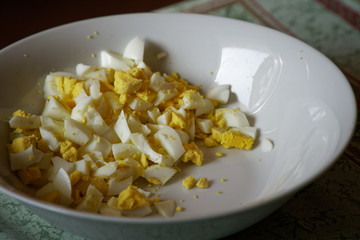 Finely cut egg, Boiled domestic eggs cut in half and also sliced