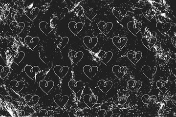 Grunge pattern with line art icons of hearts. Horizontal black and white backdrop.