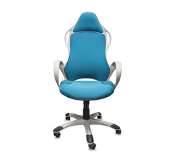 The office chair from blue cloth. Isolated over white