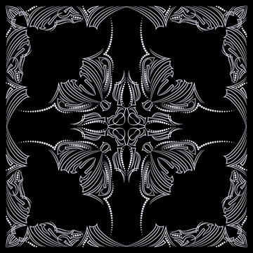 Black and white classic bandana with pinstriping elements. vector print square.