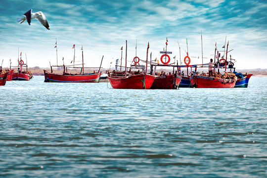 assorted-color boats on sea
