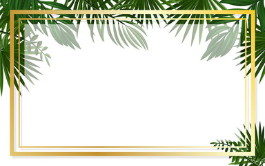 Horizontal gold frame on a background of tropical greenery. Eps10 Vector