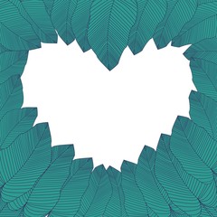 Vector illustration banana leaves are arranged in the shape of a heart. Tropical, exotic illustration with place for text in the center. Leaves are drawn with a stroke. Cute vector floral illustration