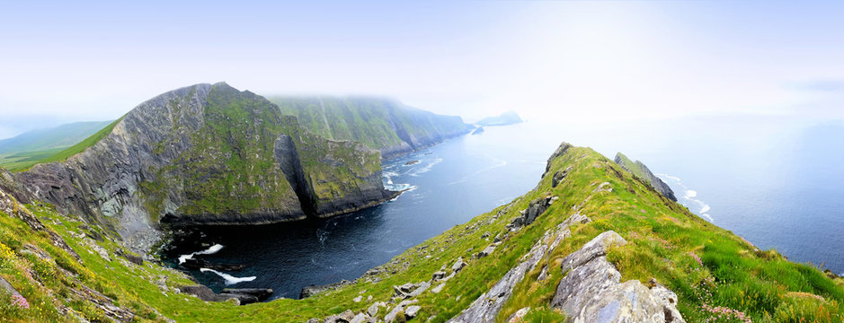 Panoramic view of the Kerry Cliffs of Portmagee on the Skellig Ring drive, Ring of Kerry, Ireland