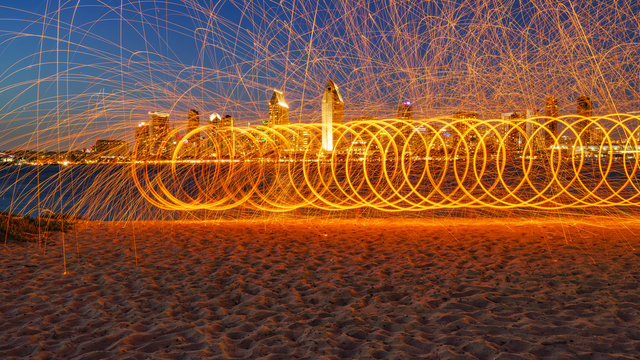 round fireworks near seashore
