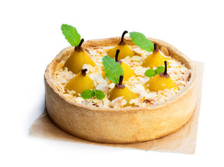 Delicious cake with poached pears and almond flakes isolated on white