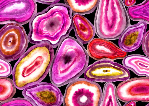 Seamless pattern of slices of natural stones in pink colors on a black background, hand drawing, background for fabrics and other designs.