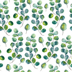 Seamles pattern with eucalyptus leaves. Green foliage and botanical watercolor pattern.
