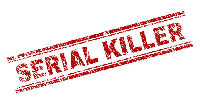 SERIAL KILLER seal print with corroded texture. Red vector rubber print of SERIAL KILLER tag with scratched texture. Text tag is placed between double parallel lines.