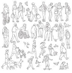 Vector walking urban crowd on street in city. Children and adults in various situations. Woman with kids people with dogs pigeons bicyclist and other characters black white line art.