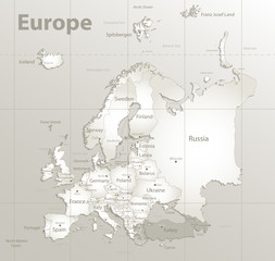 Fototapeta premium Europe map, new political detailed map, separate individual states, with state city and sea names, natural paper 3D shadow vector