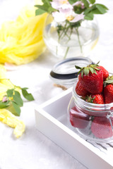 .Fresh strawberries for jam in a jar.Homemade preserves, prepare compote of strawberries.