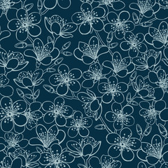 Vector dark blue background grey outlines cherry blossom sakura flowers seamless pattern background.