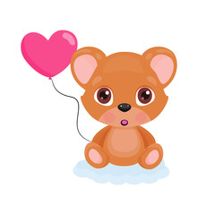 Cute little  bear sitting on a sweet blue cloud and holding a balloon heart in his hand. Cartoon teddy  toy, surprising and adorable. 