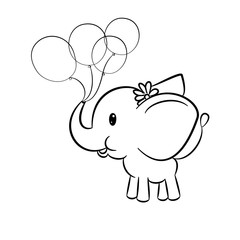 Cute  baby elephant holding balloons in trunk on white background.  Colouring page. 